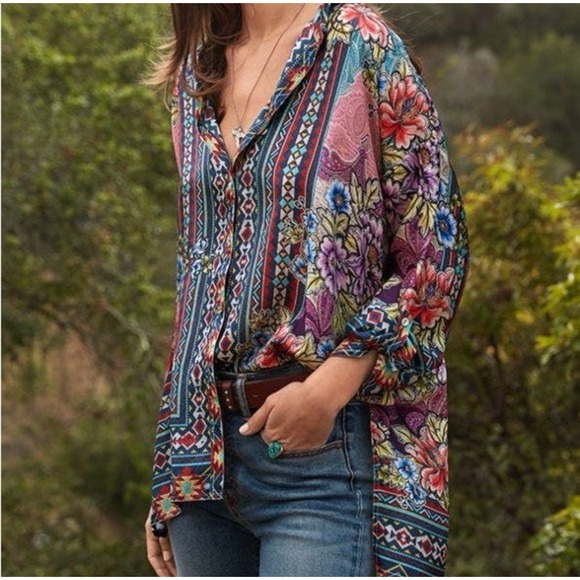 Johnny Was Ledona Janelle Blouse Button-Up Silk Sz Small Artsy Floral Resort - Picture 1 of 15